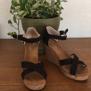 TOMS Black Cork Wedges